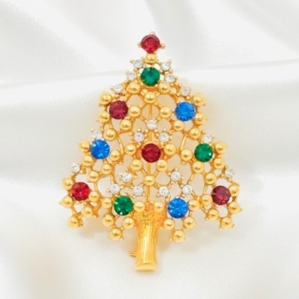 Vintage Eisenberg Ice Christmas Tree Brooch Multicolor Rhinestones Gold Tone